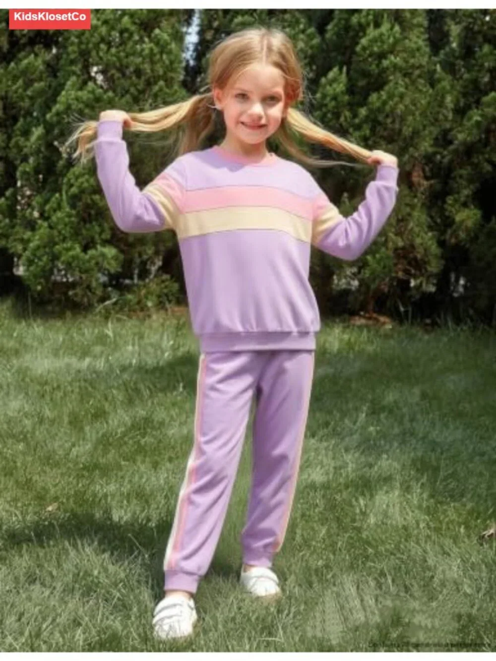 Girls 2 Piece Outfit Long Sleeve Sweatshirt & Jogger Pants Rainbow Stripe